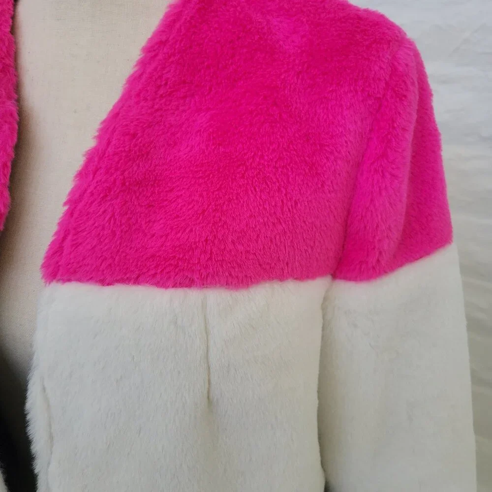 Coat Juniors Medium Black Pink White Fuzzy Furry Teddy Jacket Long Sleeve Dressy - Picture 2 of 7